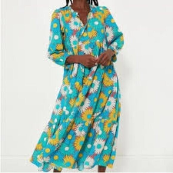 Tuckernuck NEW Salty Paloma Blue Daisy Retro Long Sleeve Caftan Size XS